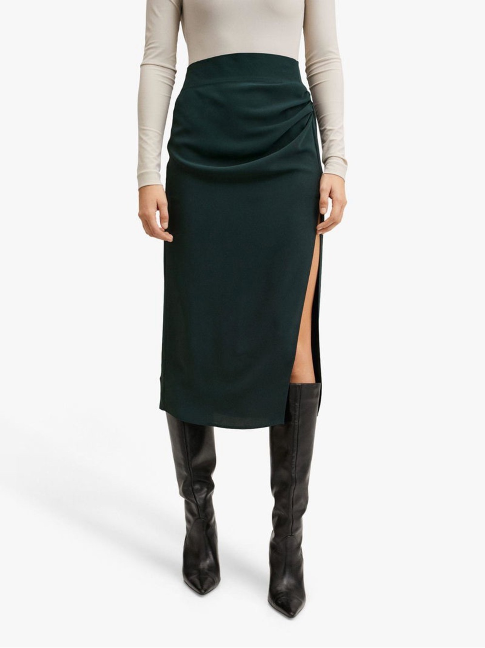 M.N.G. Mango Hera Midi Skirt Dark Blackgreen L Large Side Gathered Ruching